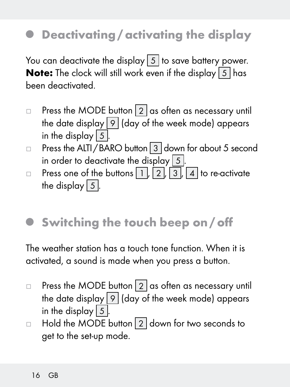Deactivating / activating the display, Switching the touch beep on / off | Rocktrail Z29592 User Manual | Page 16 / 256