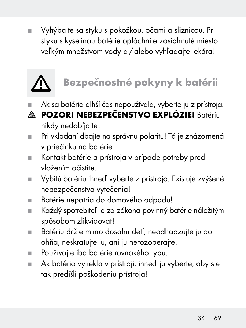 Bezpečnostné pokyny k batérii | Rocktrail Z29592 User Manual | Page 169 / 256