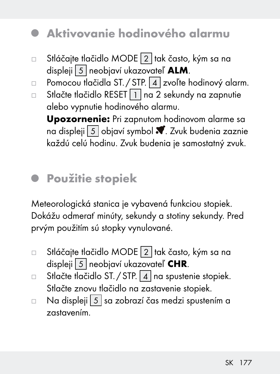 Aktivovanie hodinového alarmu, Použitie stopiek | Rocktrail Z29592 User Manual | Page 177 / 256
