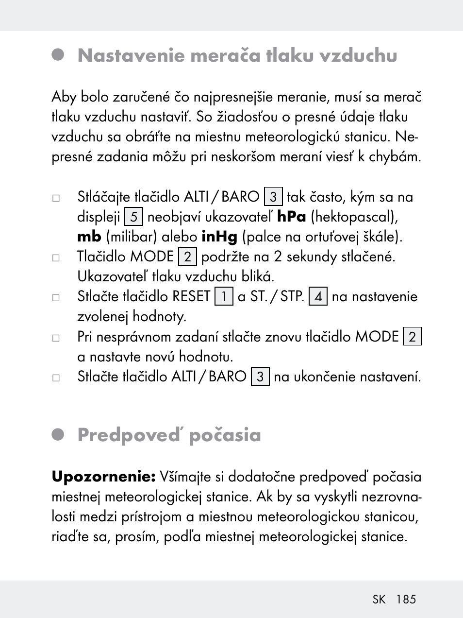 Nastavenie merača tlaku vzduchu, Predpoveď počasia | Rocktrail Z29592 User Manual | Page 185 / 256