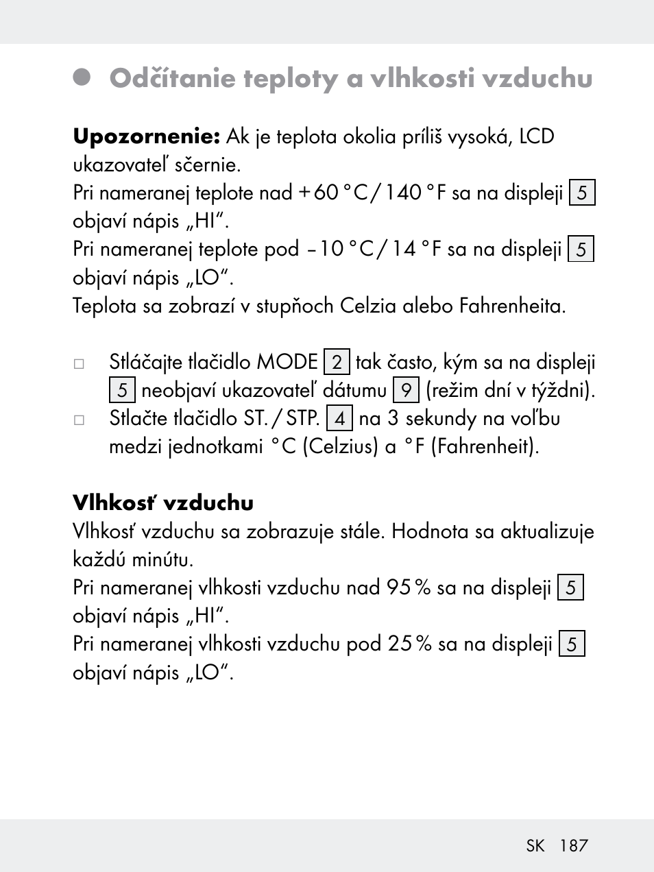 Odčítanie teploty a vlhkosti vzduchu | Rocktrail Z29592 User Manual | Page 187 / 256