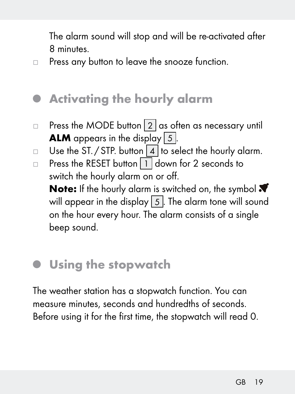 Activating the hourly alarm, Using the stopwatch | Rocktrail Z29592 User Manual | Page 19 / 256