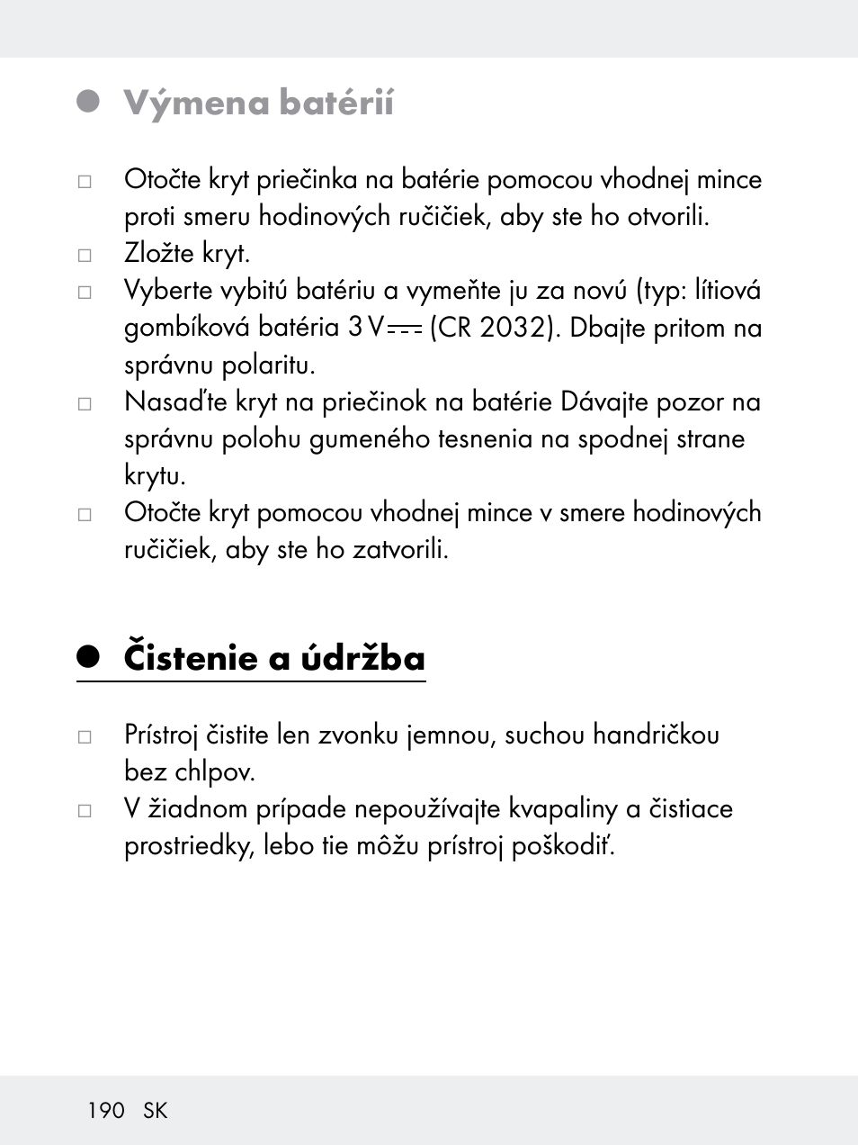 Výmena batérií, Čistenie a údržba | Rocktrail Z29592 User Manual | Page 190 / 256