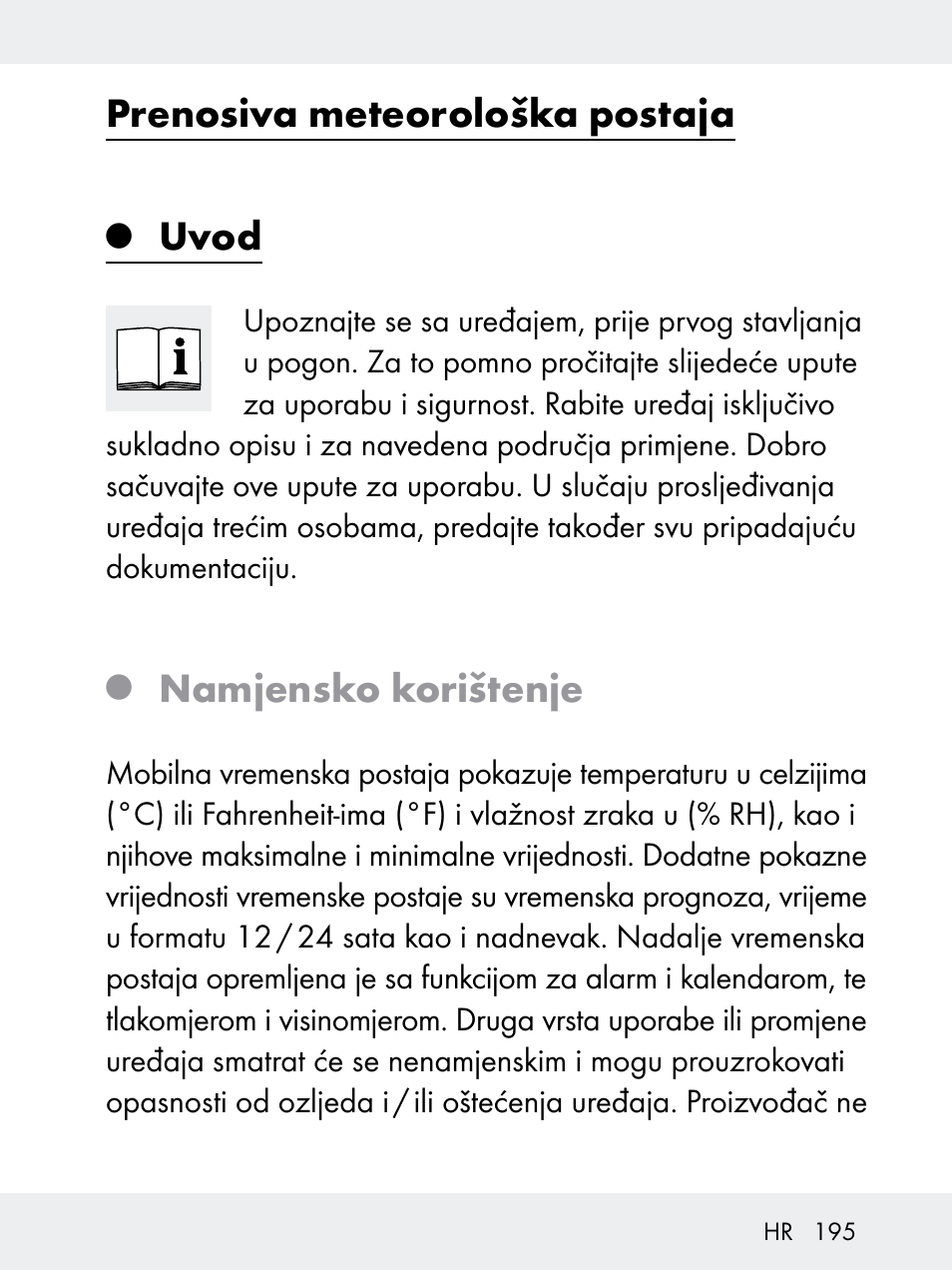 Prenosiva meteorološka postaja, Uvod, Namjensko korištenje | Rocktrail Z29592 User Manual | Page 195 / 256