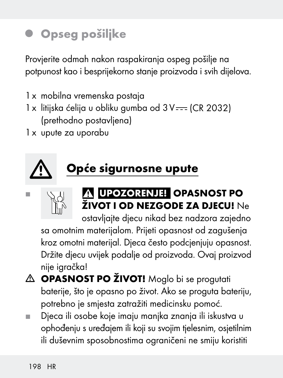 Opseg pošiljke, Opće sigurnosne upute | Rocktrail Z29592 User Manual | Page 198 / 256