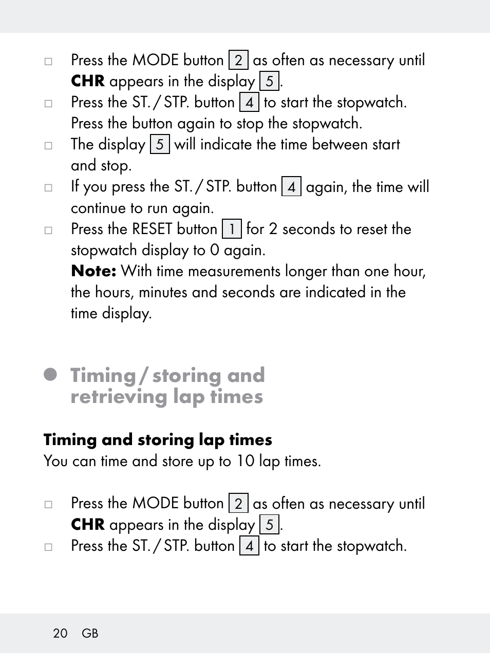 Timing / storing and retrieving lap times | Rocktrail Z29592 User Manual | Page 20 / 256