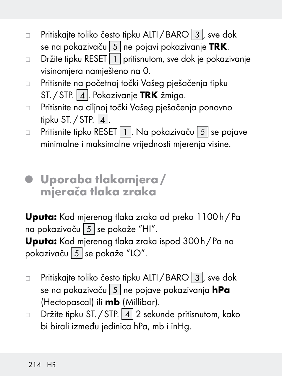 Uporaba tlakomjera / mjerača tlaka zraka | Rocktrail Z29592 User Manual | Page 214 / 256