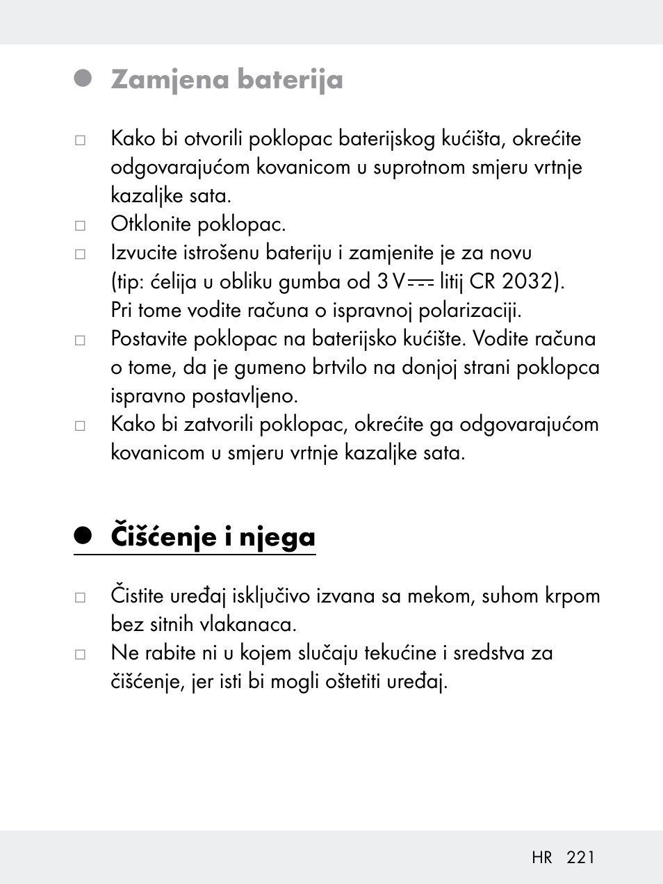 Zamjena baterija, Čišćenje i njega | Rocktrail Z29592 User Manual | Page 221 / 256