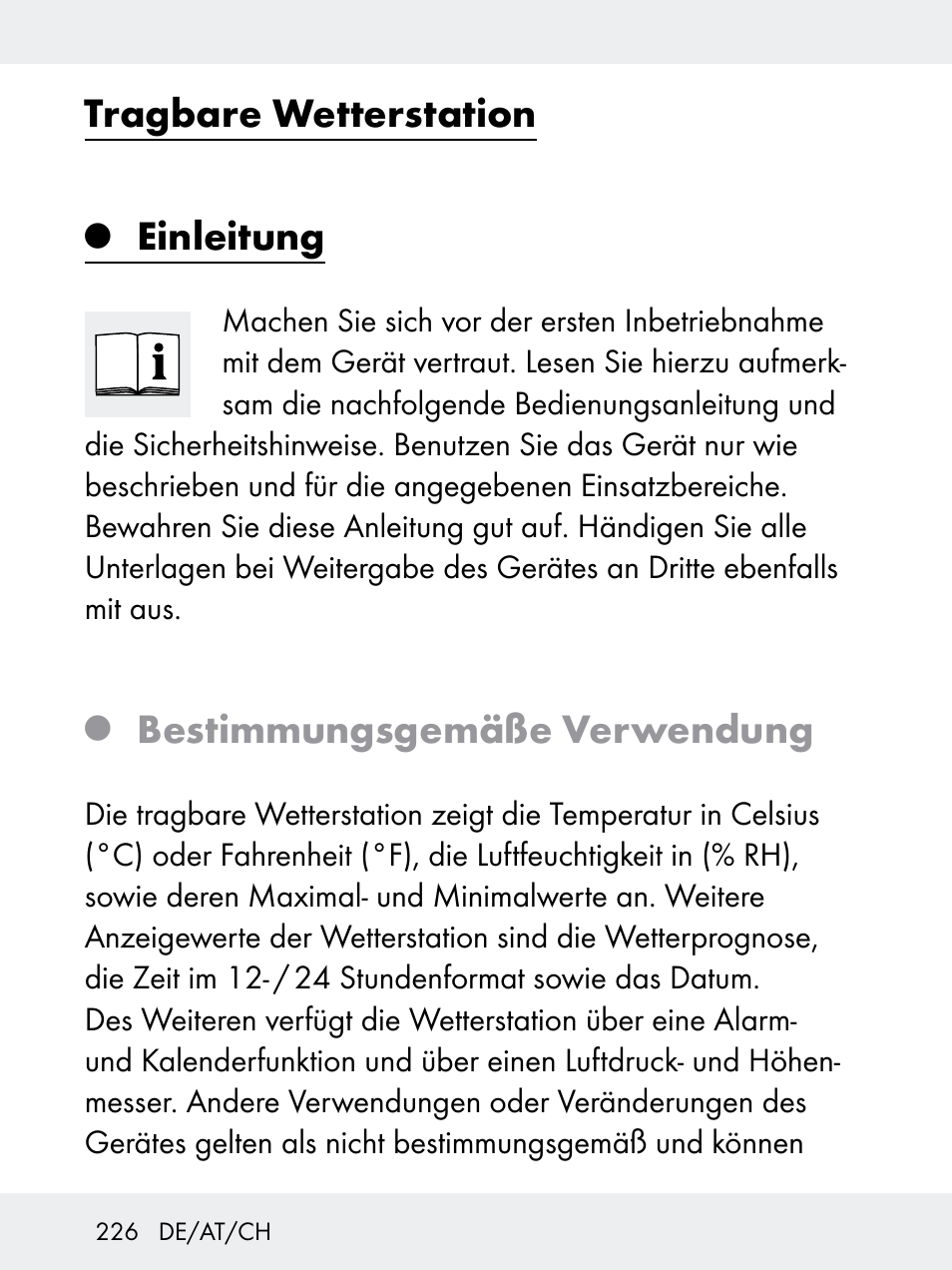 Tragbare wetterstation, Einleitung, Bestimmungsgemäße verwendung | Rocktrail Z29592 User Manual | Page 226 / 256