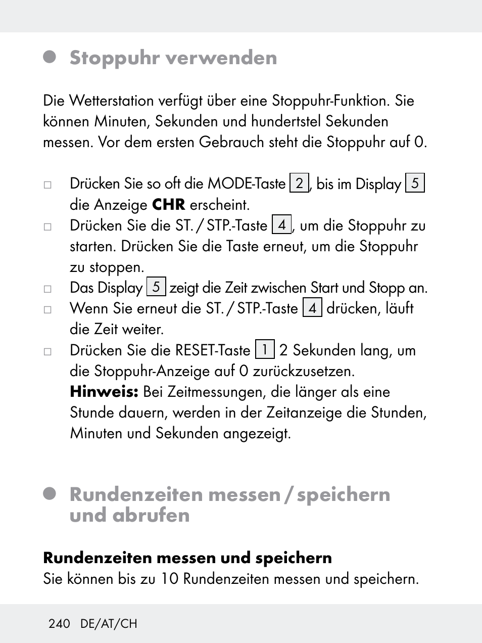 Stoppuhr verwenden, Rundenzeiten messen / speichern und abrufen | Rocktrail Z29592 User Manual | Page 240 / 256