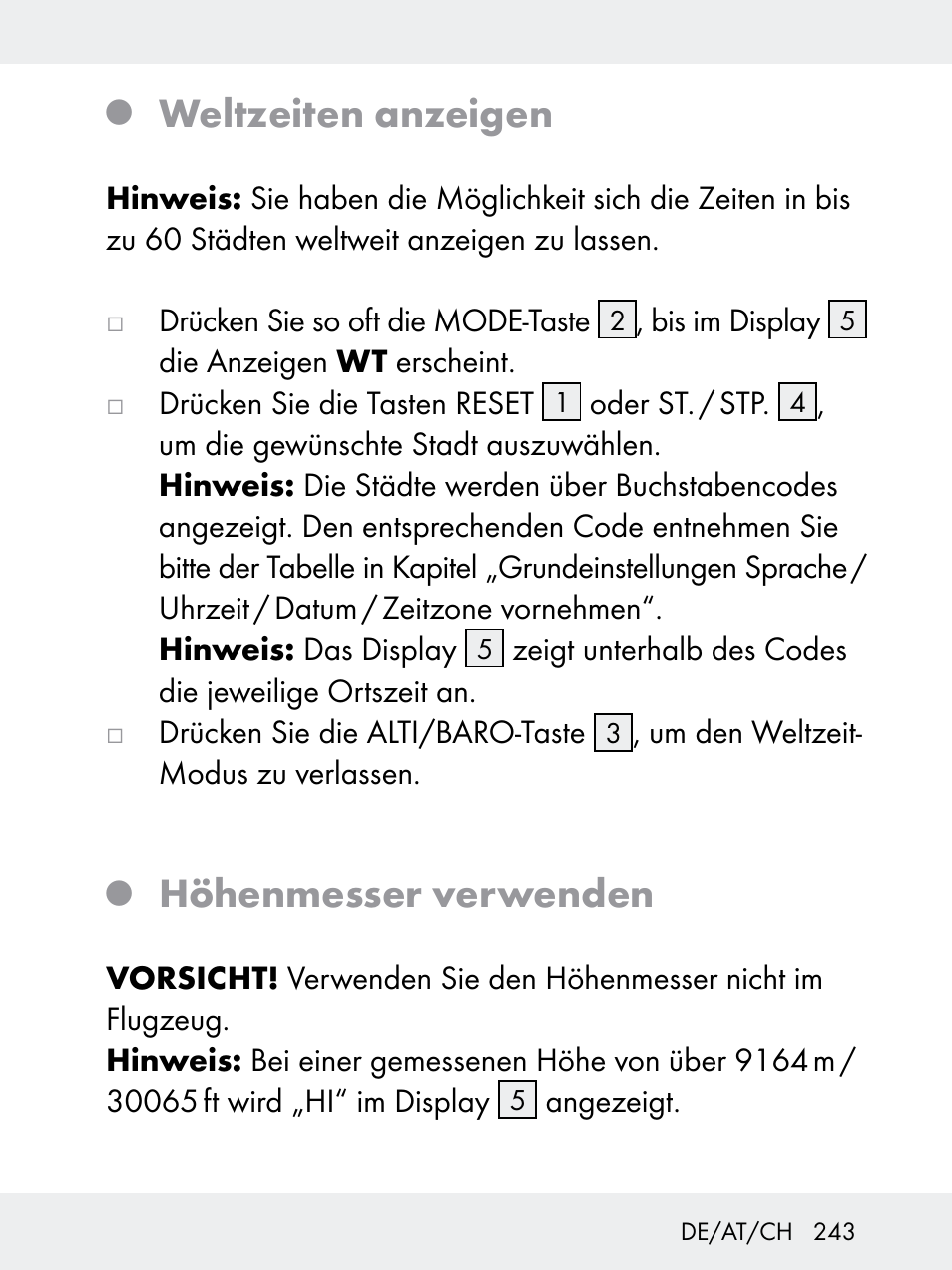 Weltzeiten anzeigen, Höhenmesser verwenden | Rocktrail Z29592 User Manual | Page 243 / 256