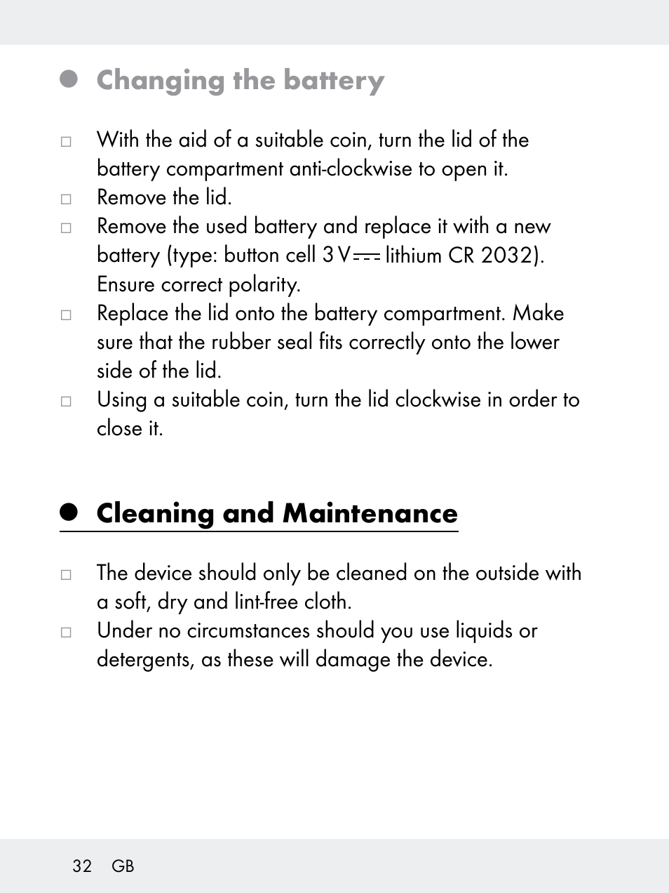 Changing the battery, Cleaning and maintenance | Rocktrail Z29592 User Manual | Page 32 / 256