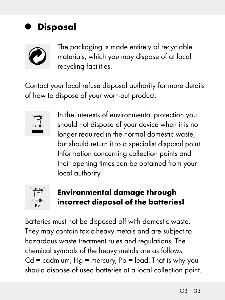 Disposal | Rocktrail Z29592 User Manual | Page 33 / 256