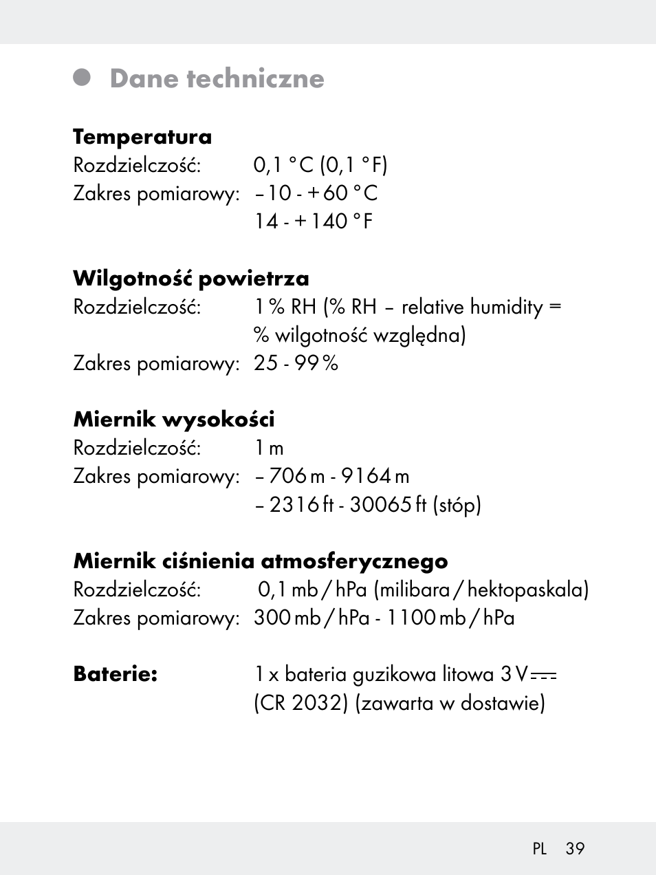 Dane techniczne | Rocktrail Z29592 User Manual | Page 39 / 256