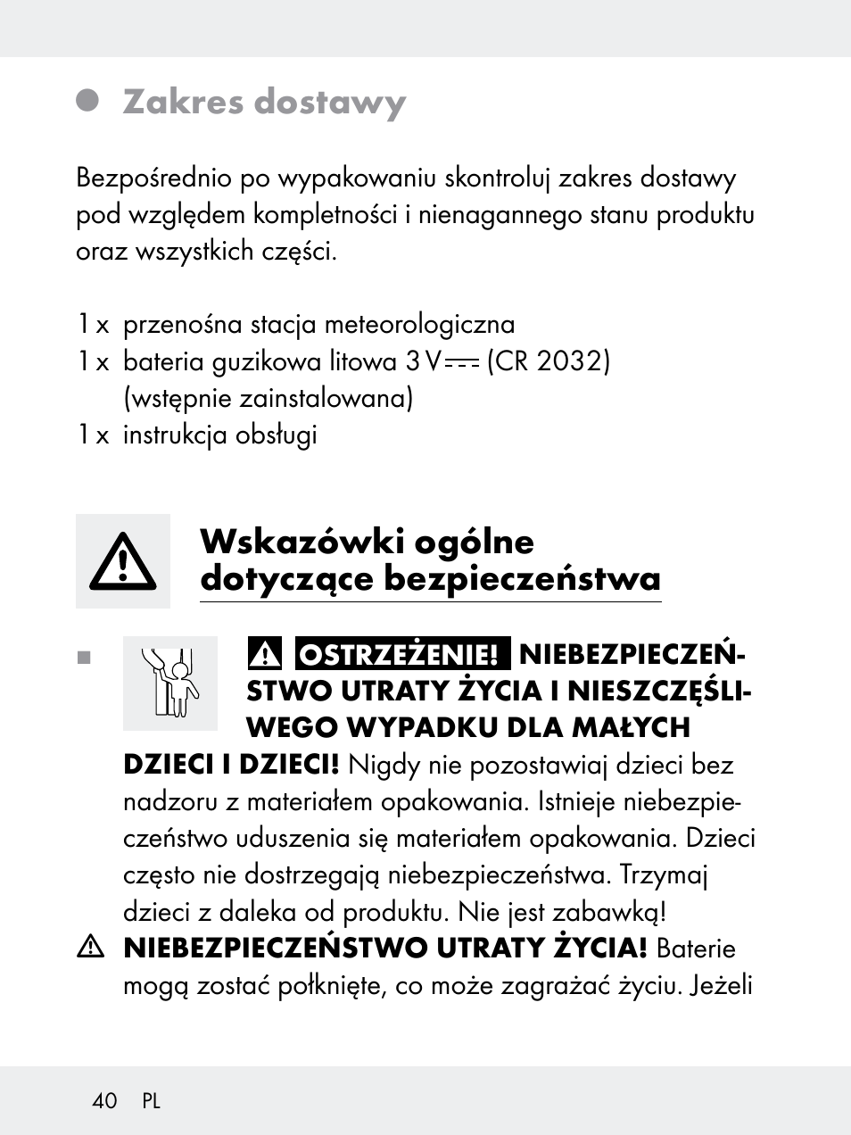 Zakres dostawy, Wskazówki ogólne dotyczące bezpieczeństwa | Rocktrail Z29592 User Manual | Page 40 / 256