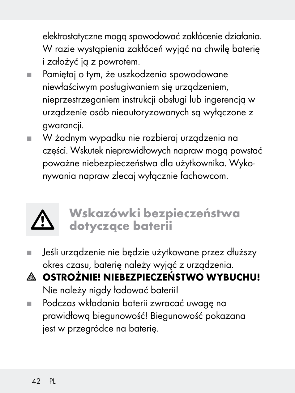 Wskazówki bezpieczeństwa dotyczące baterii | Rocktrail Z29592 User Manual | Page 42 / 256