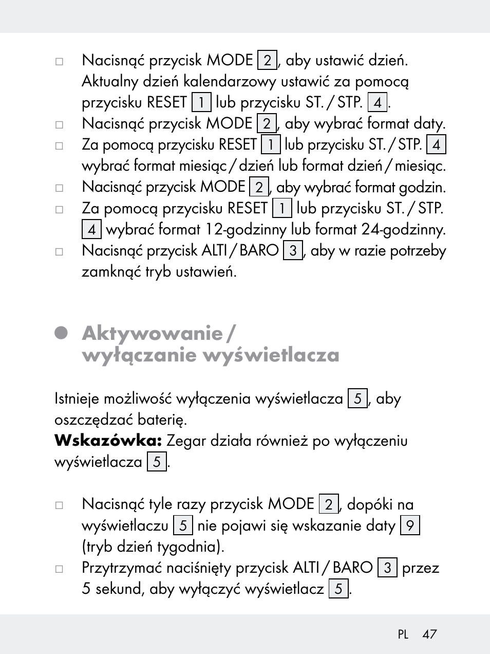 Aktywowanie / wyłączanie wyświetlacza | Rocktrail Z29592 User Manual | Page 47 / 256