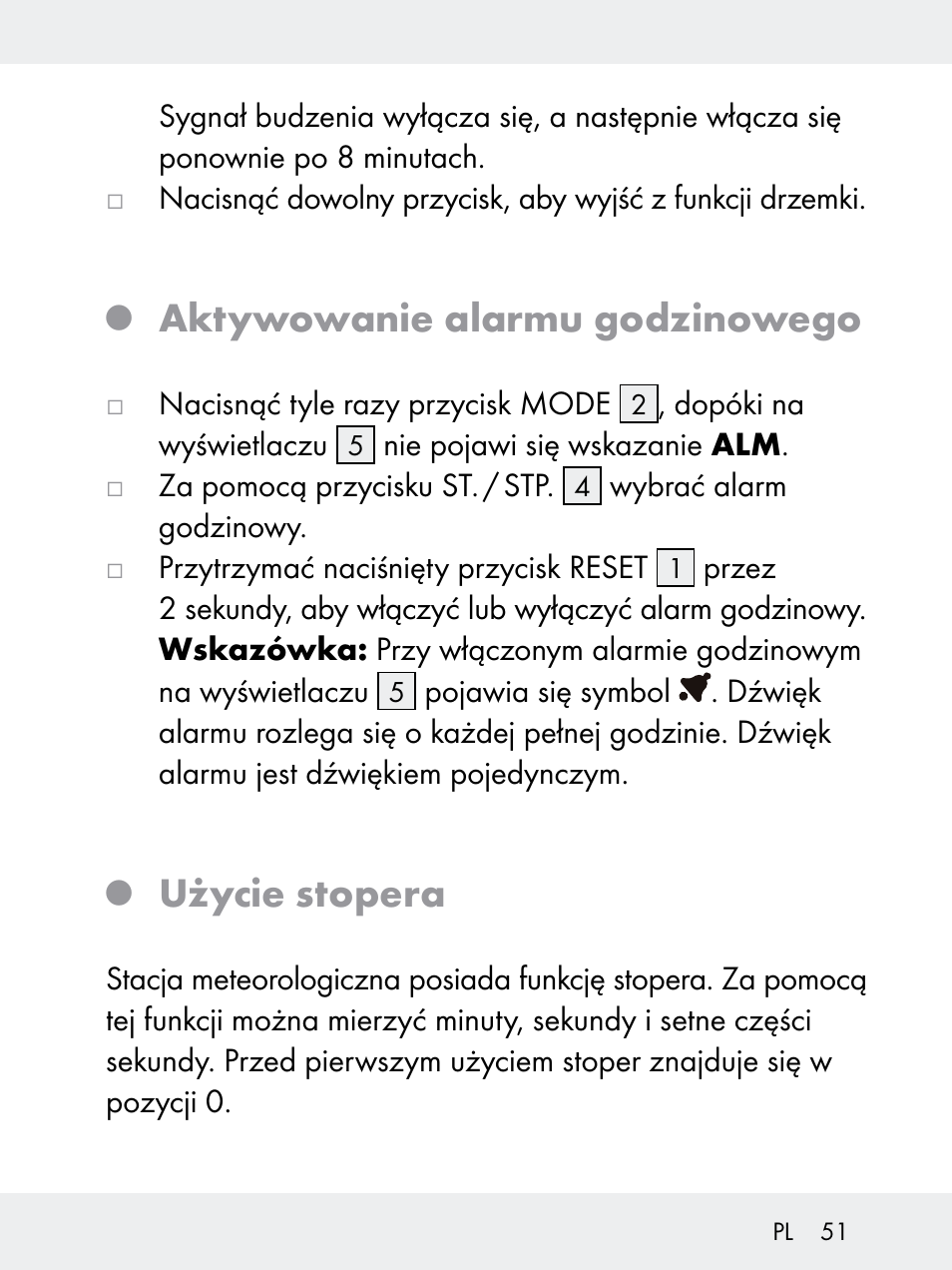 Aktywowanie alarmu godzinowego, Użycie stopera | Rocktrail Z29592 User Manual | Page 51 / 256