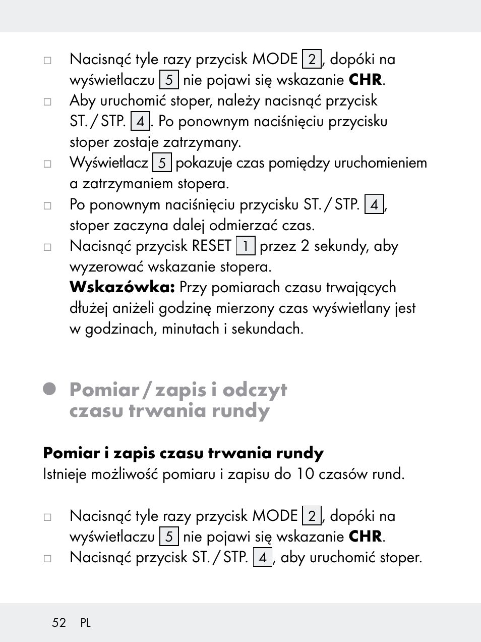 Pomiar / zapis i odczyt czasu trwania rundy | Rocktrail Z29592 User Manual | Page 52 / 256