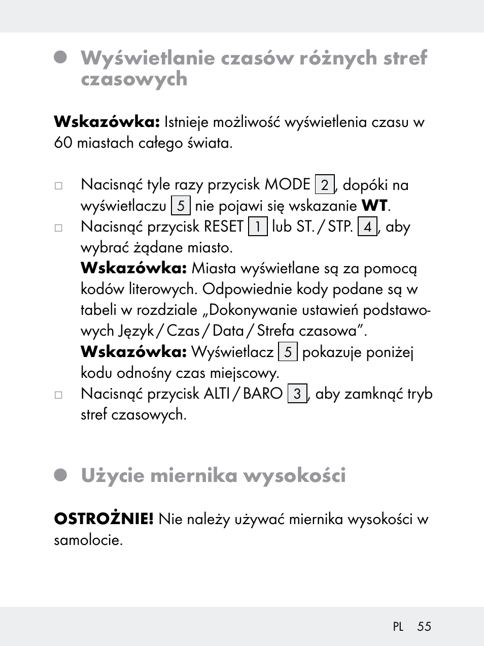 Wyświetlanie czasów różnych stref czasowych, Użycie miernika wysokości | Rocktrail Z29592 User Manual | Page 55 / 256