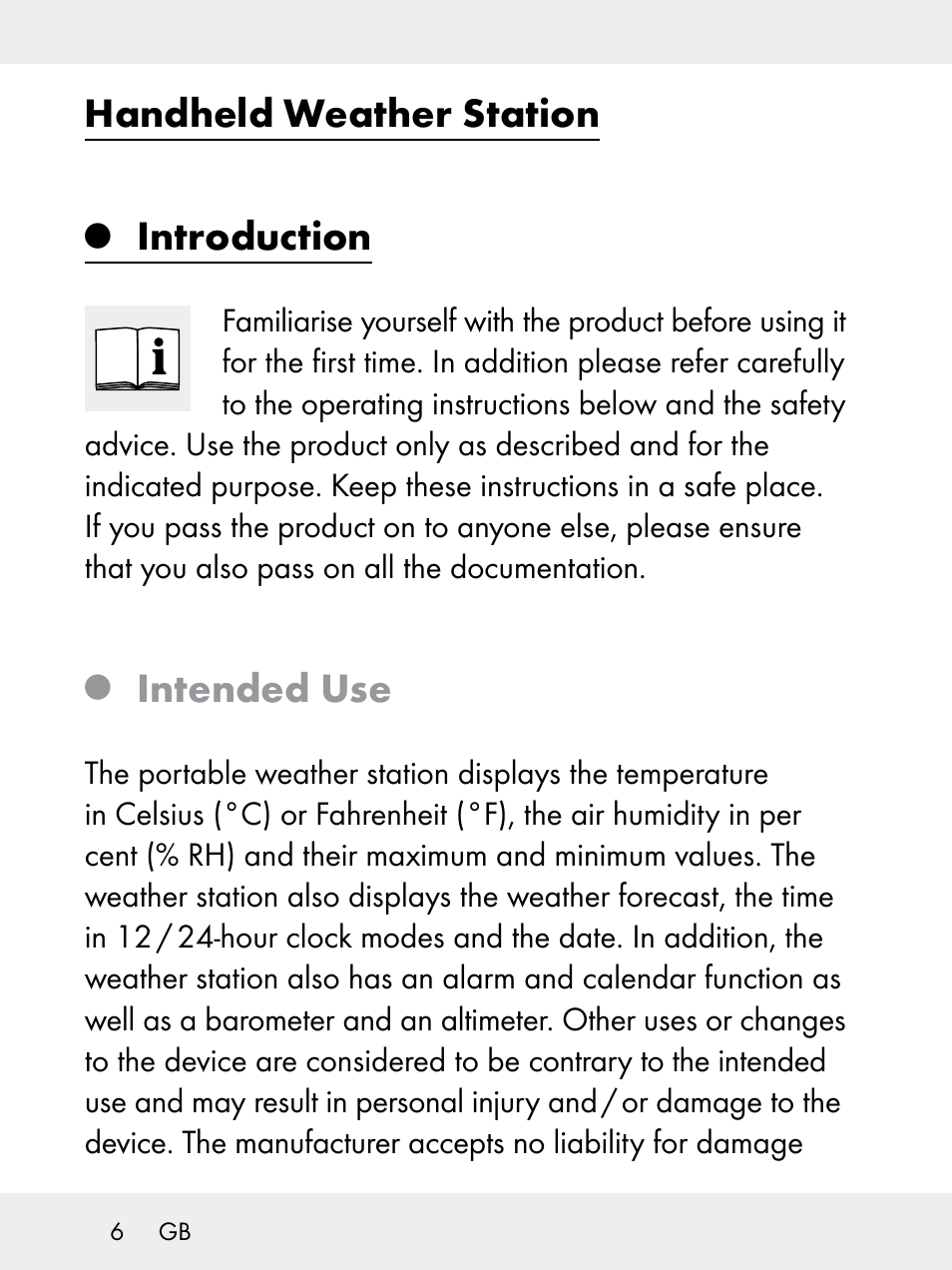 Handheld weather station, Introduction, Intended use | Rocktrail Z29592 User Manual | Page 6 / 256