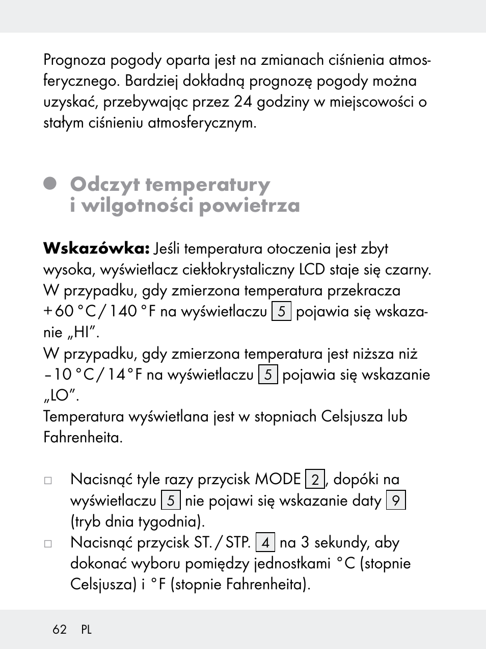 Odczyt temperatury i wilgotności powietrza | Rocktrail Z29592 User Manual | Page 62 / 256