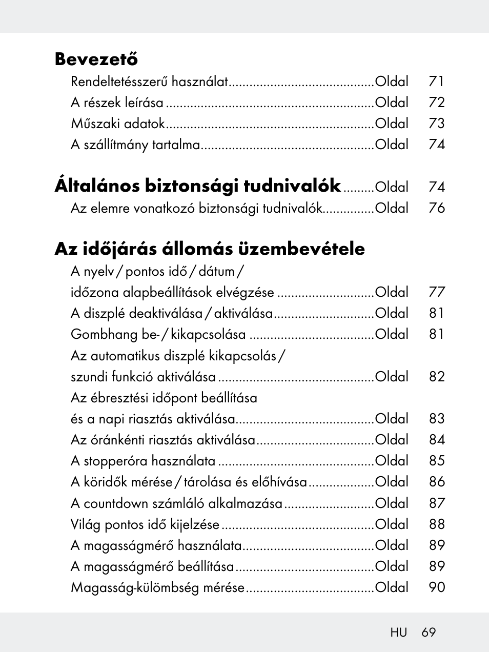 Bevezető, Általános biztonsági tudnivalók, Az időjárás állomás üzembevétele | Rocktrail Z29592 User Manual | Page 69 / 256