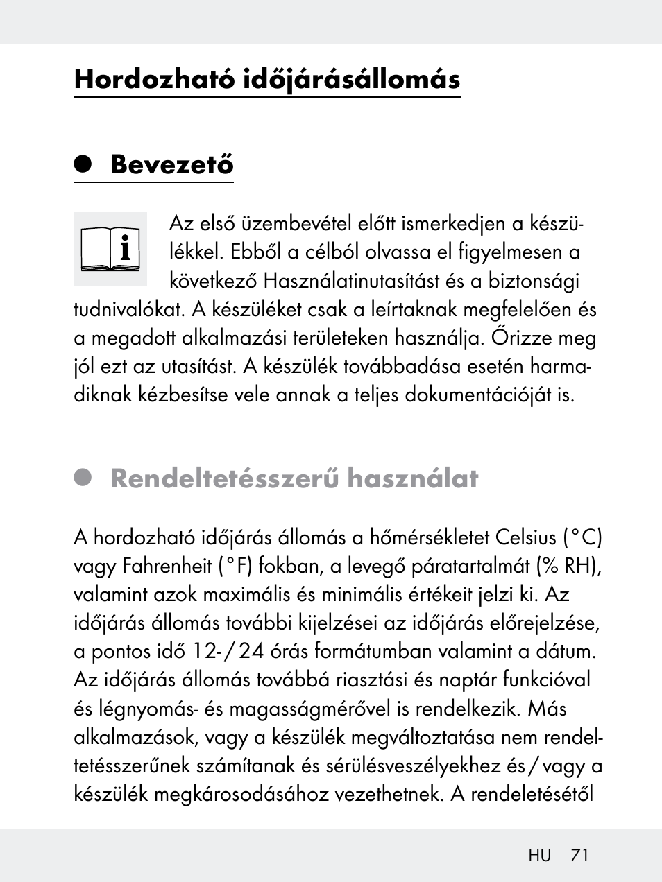 Hordozható időjárásállomás, Bevezető, Rendeltetésszerű használat | Rocktrail Z29592 User Manual | Page 71 / 256