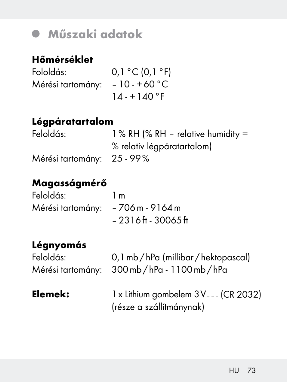 Műszaki adatok | Rocktrail Z29592 User Manual | Page 73 / 256