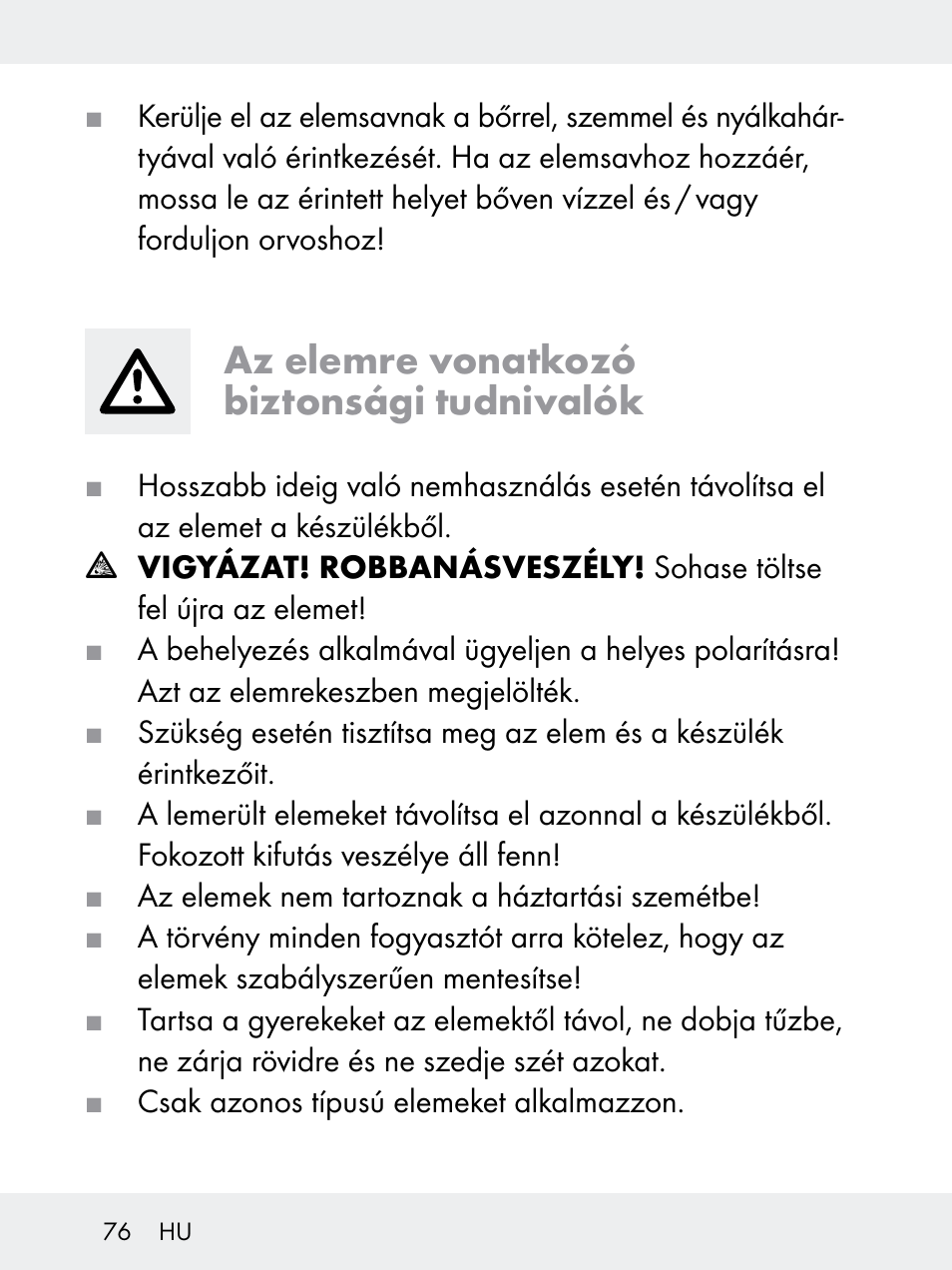 Az elemre vonatkozó biztonsági tudnivalók | Rocktrail Z29592 User Manual | Page 76 / 256