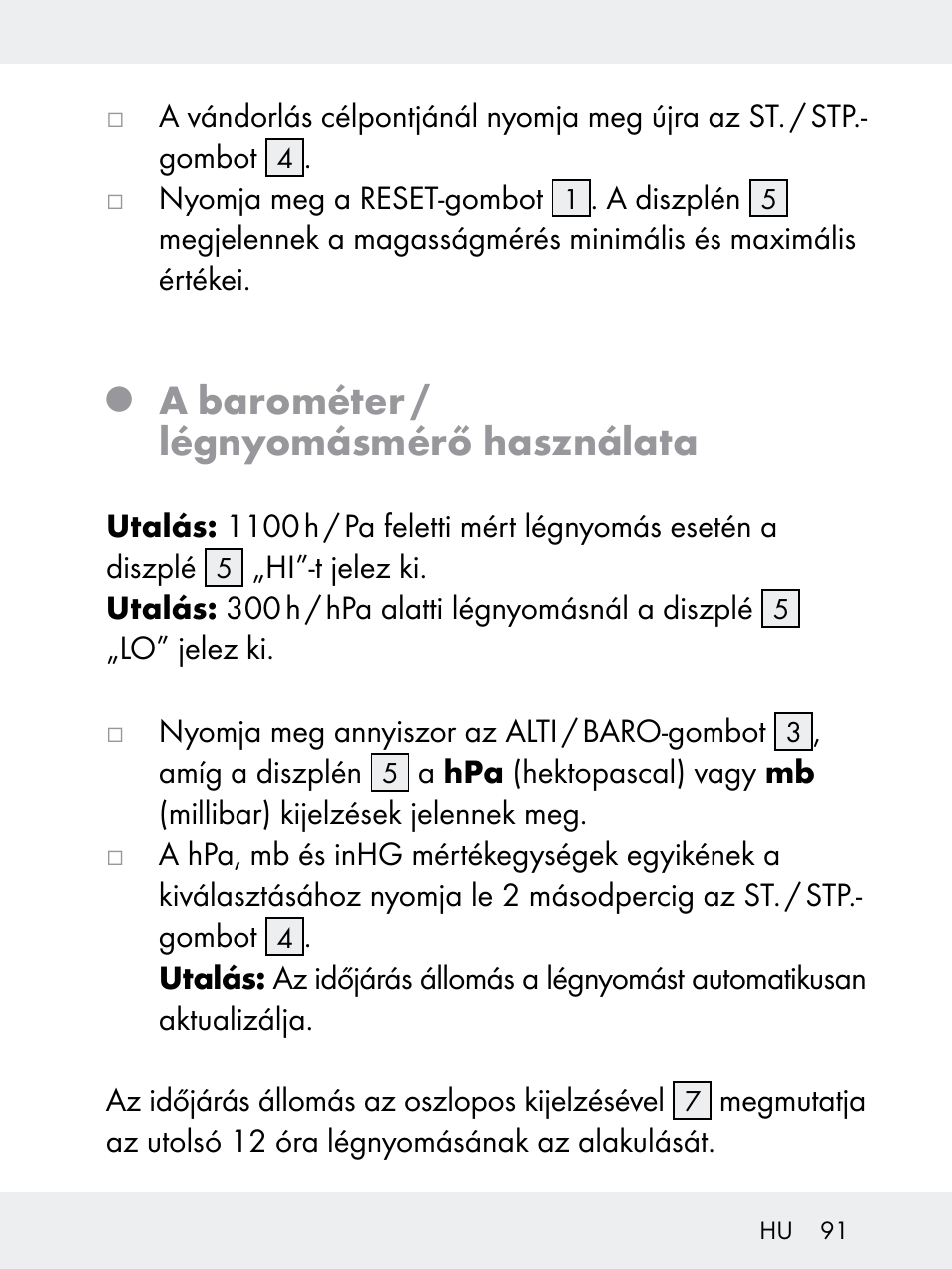 A barométer / légnyomásmérő használata | Rocktrail Z29592 User Manual | Page 91 / 256