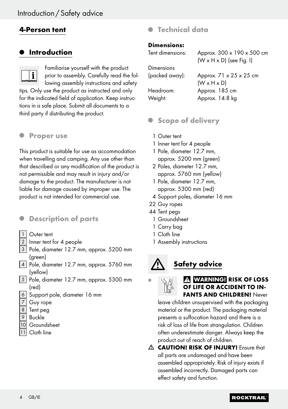 Introduction / safety advice, Person tent, Introduction | Proper use, Description of parts, Technical data, Scope of delivery, Safety advice | Rocktrail 4-Person Tent Z29743-BS User Manual | Page 4 / 13