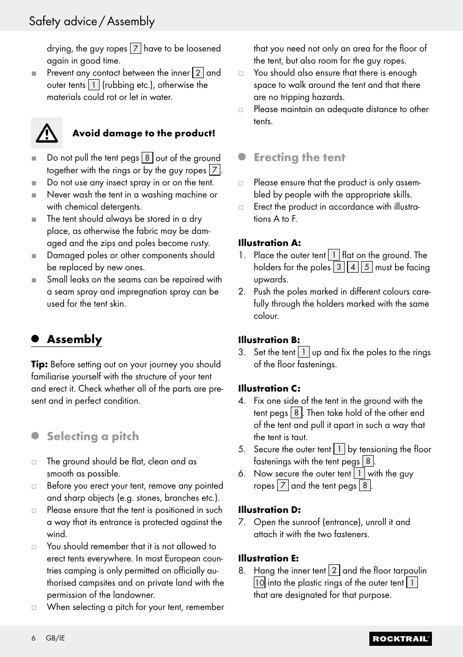 Safety advice / assembly, Assembly, Selecting a pitch | Erecting the tent | Rocktrail 4-Person Tent Z29743-BS User Manual | Page 6 / 13
