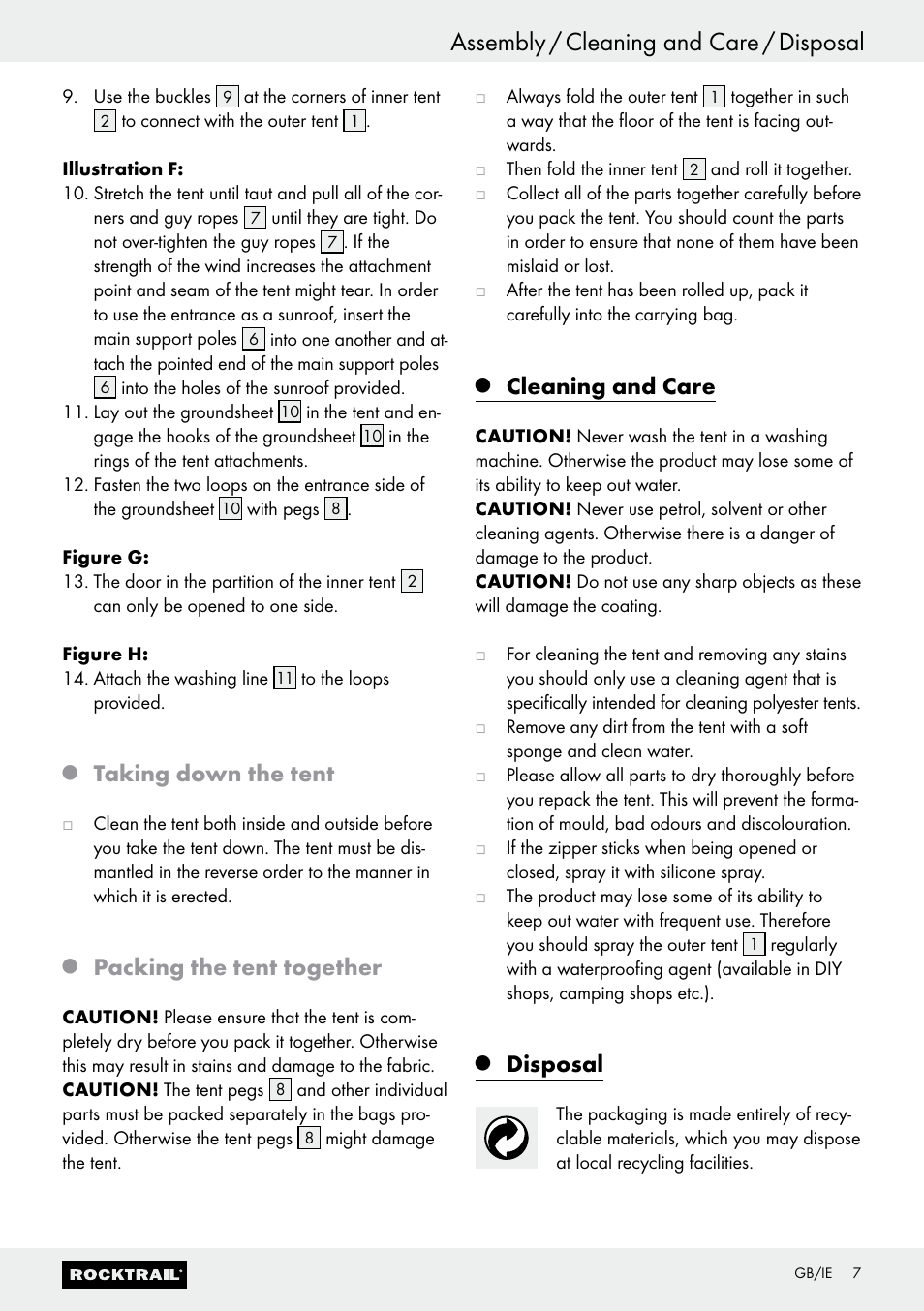 Taking down the tent, Packing the tent together, Cleaning and care | Disposal | Rocktrail 4-Person Tent Z29743-BS User Manual | Page 7 / 13