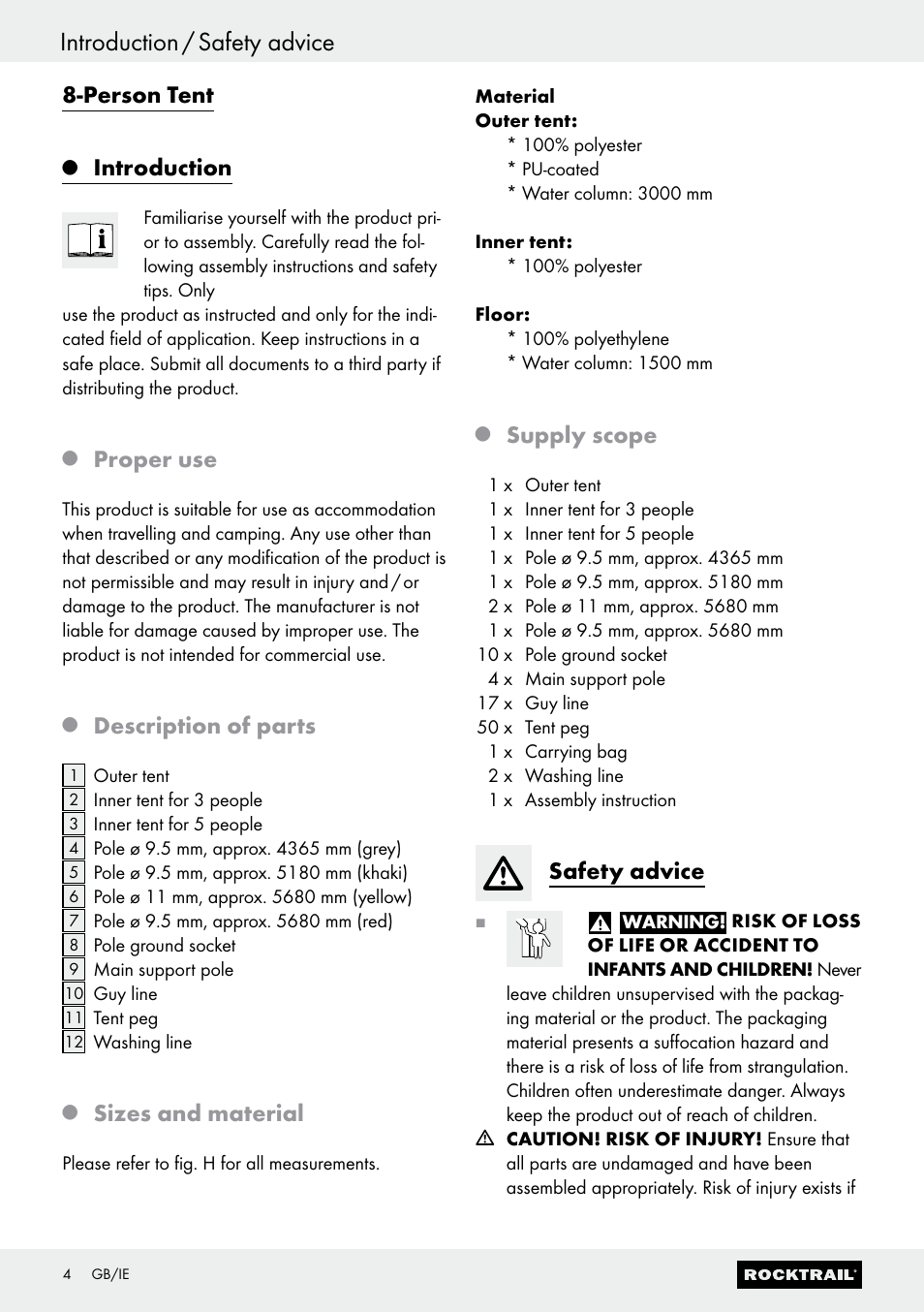 Introduction / safety advice, Person tent, Introduction | Proper use, Description of parts, Sizes and material, Supply scope, Safety advice | Rocktrail 8-Person Tent Z30695-BS User Manual | Page 4 / 12