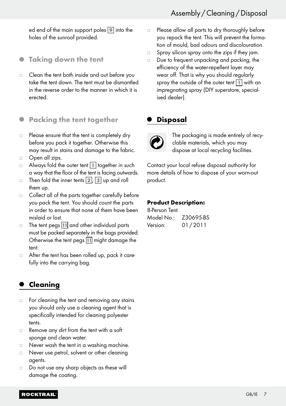 Assembly / cleaning / disposal, Taking down the tent, Packing the tent together | Cleaning, Disposal | Rocktrail 8-Person Tent Z30695-BS User Manual | Page 7 / 12