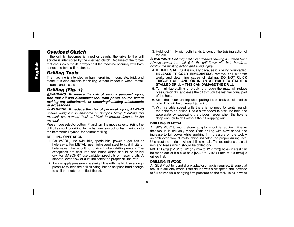 English overload clutch, Drilling tools, Drilling (fig. 1) | DeWalt SDS Plus D25013 User Manual | Page 10 / 36