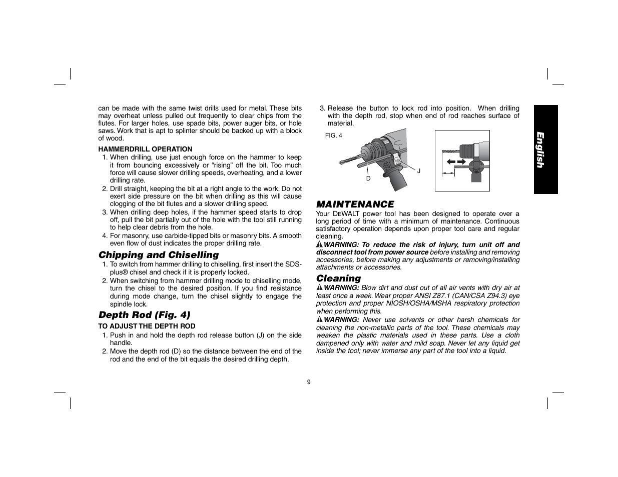 English, Chipping and chiselling, Depth rod (fig. 4) | Maintenance, Cleaning | DeWalt SDS Plus D25013 User Manual | Page 11 / 36