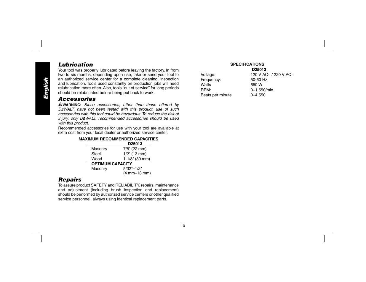 English lubrication, Accessories, Repairs | DeWalt SDS Plus D25013 User Manual | Page 12 / 36