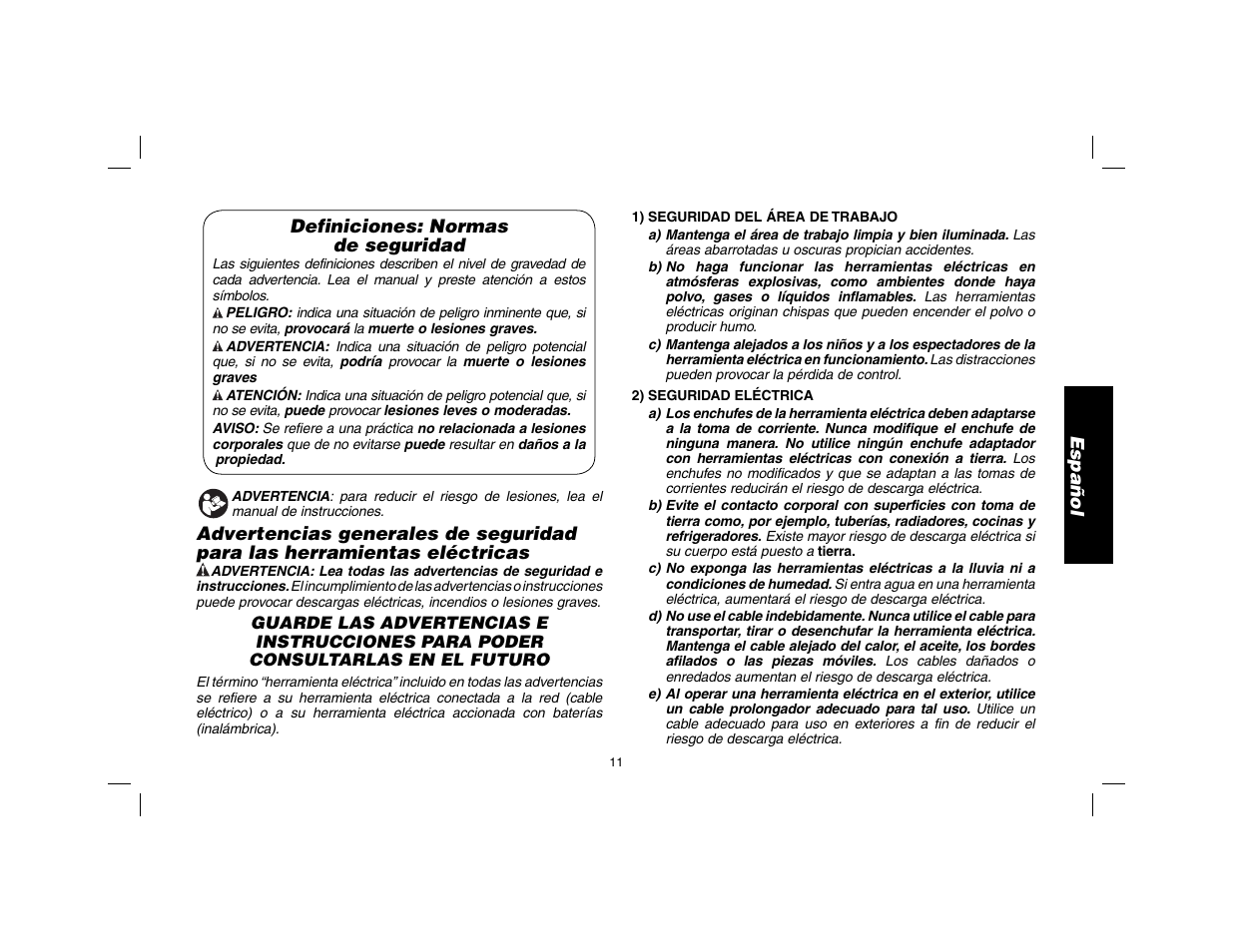 Español definiciones: normas de seguridad | DeWalt SDS Plus D25013 User Manual | Page 13 / 36