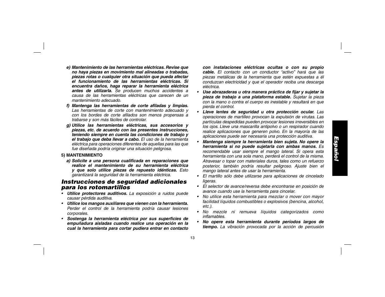 Español | DeWalt SDS Plus D25013 User Manual | Page 15 / 36