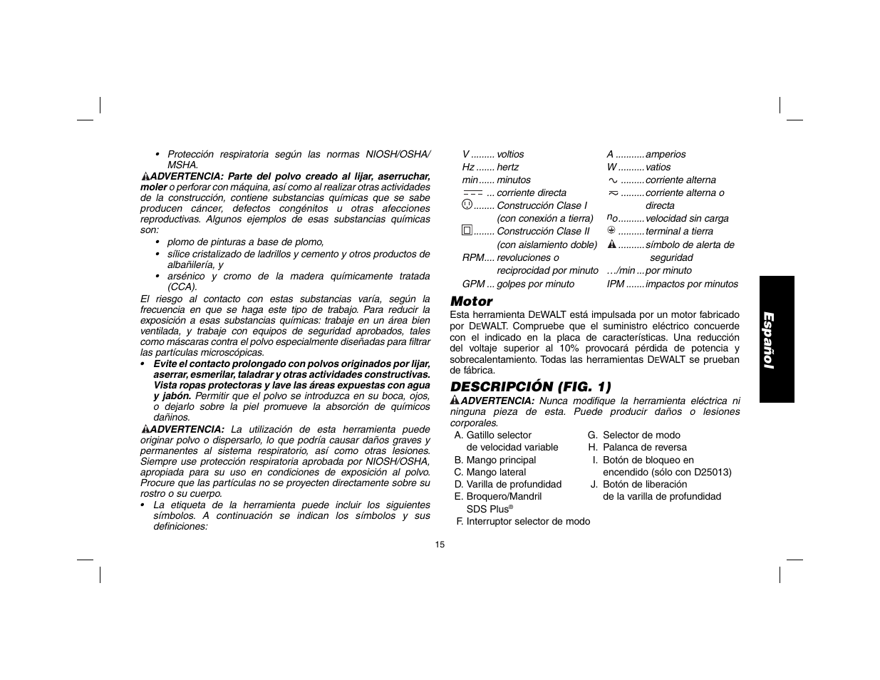 Español, Motor, Descripción (fig. 1) | DeWalt SDS Plus D25013 User Manual | Page 17 / 36