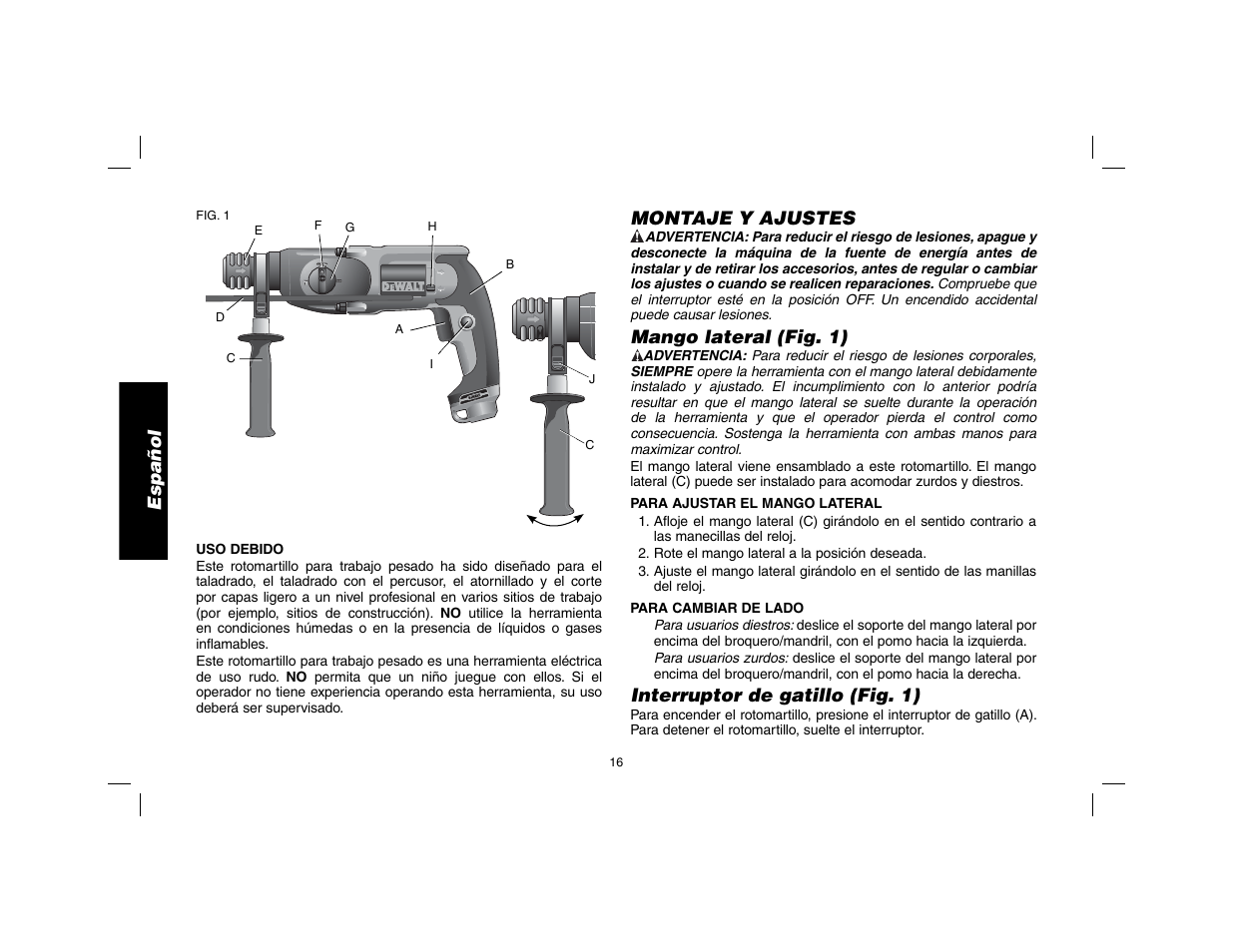Español, Montaje y ajustes, Mango lateral (fig. 1) | Interruptor de gatillo (fig. 1) | DeWalt SDS Plus D25013 User Manual | Page 18 / 36
