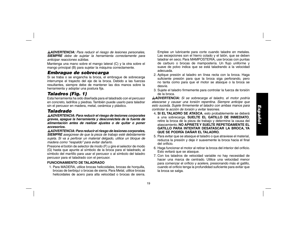 Español, Embrague de sobrecarga, Taladros (fig. 1) | Taladrado | DeWalt SDS Plus D25013 User Manual | Page 21 / 36