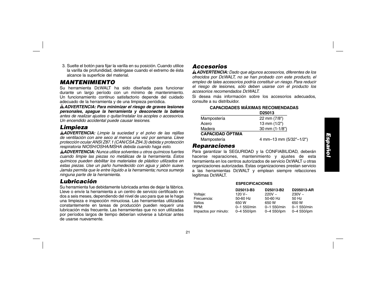 Español, Mantenimiento, Limpieza | Lubricación, Accesorios, Reparaciones | DeWalt SDS Plus D25013 User Manual | Page 23 / 36