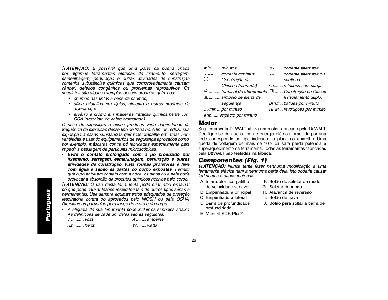 Por tuguês, Motor, Componentes (fig. 1) | DeWalt SDS Plus D25013 User Manual | Page 28 / 36