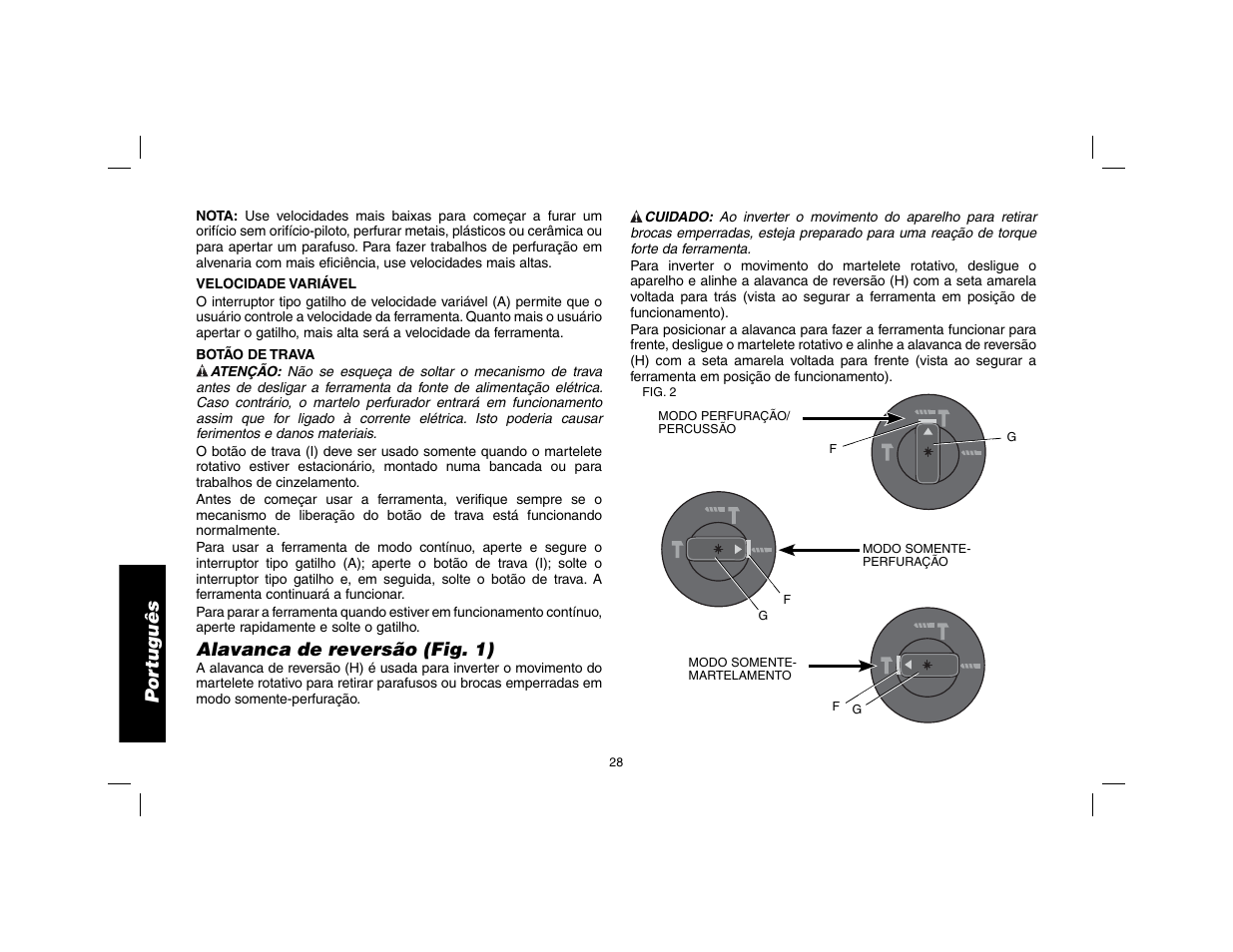 Por tuguês, Alavanca de reversão (fig. 1) | DeWalt SDS Plus D25013 User Manual | Page 30 / 36