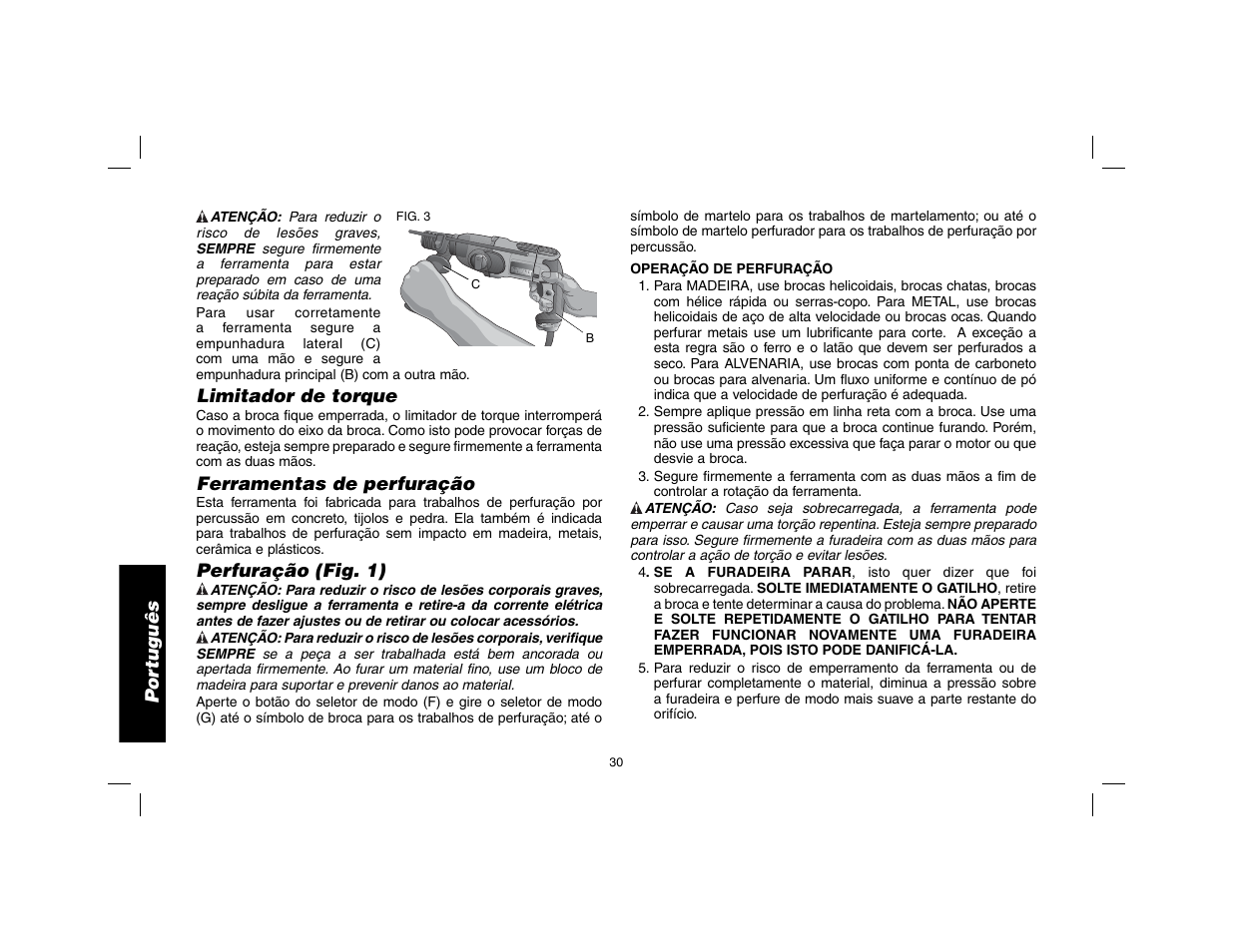 Por tuguês, Limitador de torque, Ferramentas de perfuração | Perfuração (fig. 1) | DeWalt SDS Plus D25013 User Manual | Page 32 / 36