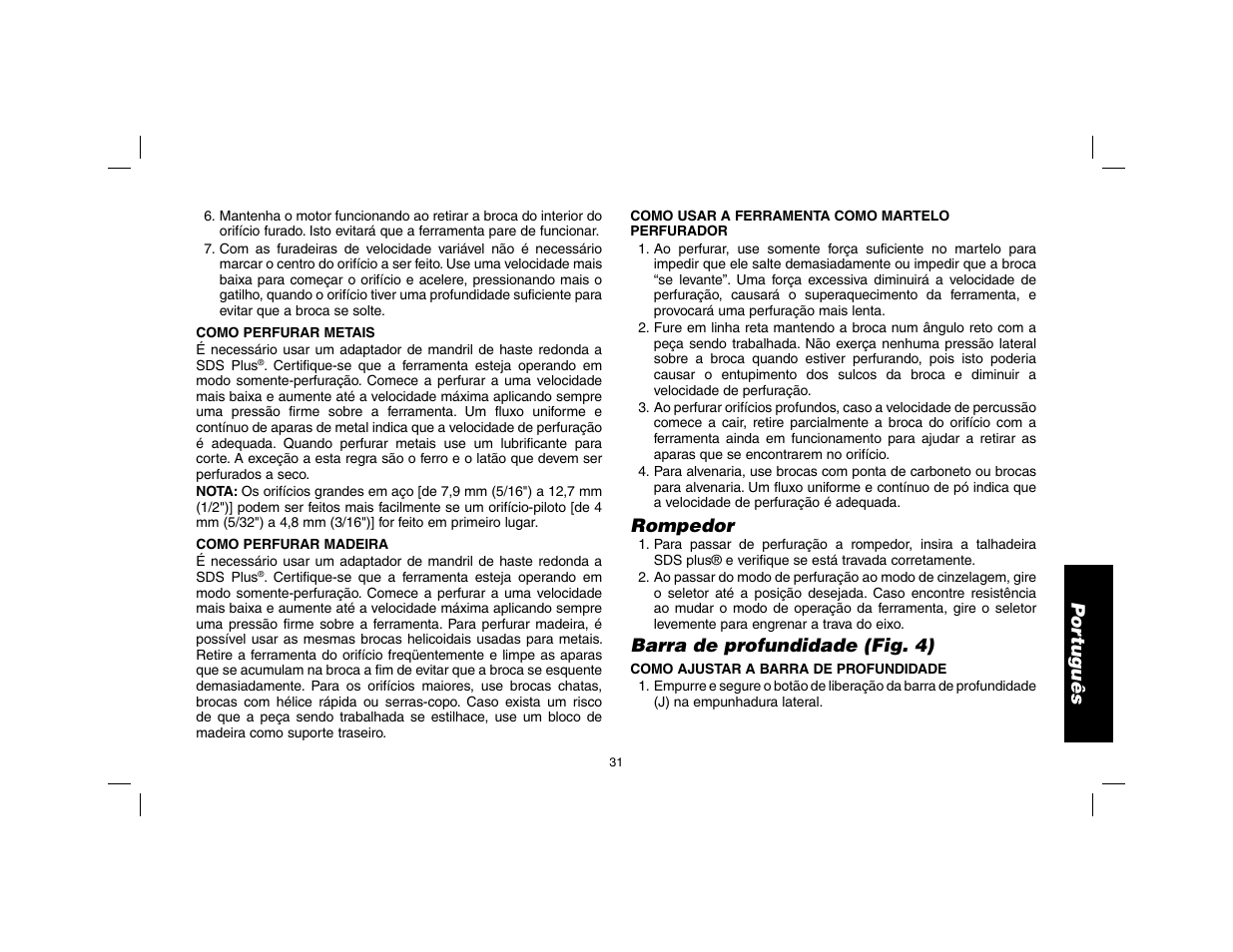 Por tuguês, Rompedor, Barra de profundidade (fig. 4) | DeWalt SDS Plus D25013 User Manual | Page 33 / 36