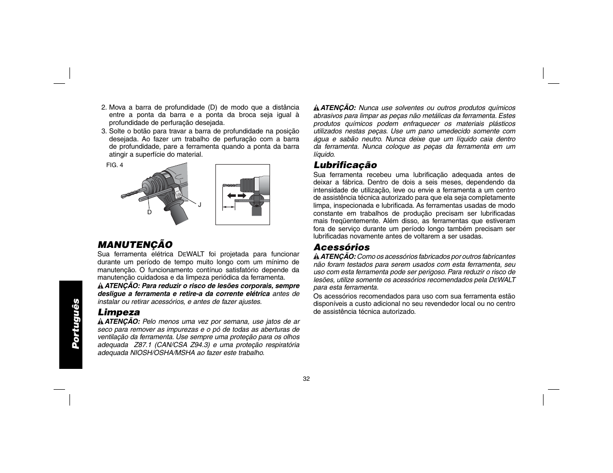 Por tuguês, Manutenção, Limpeza | Lubrificação, Acessórios | DeWalt SDS Plus D25013 User Manual | Page 34 / 36